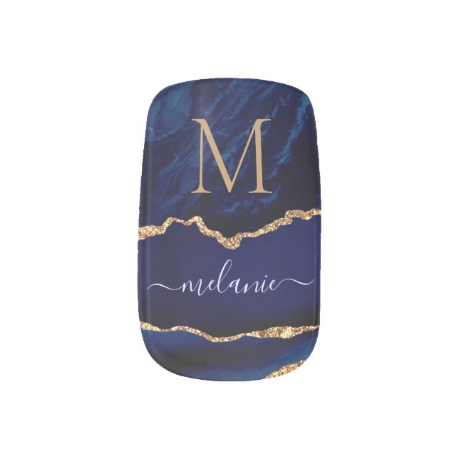Blue Gold Glitter Nail Art Custom Name and Letter (Left Thumb)