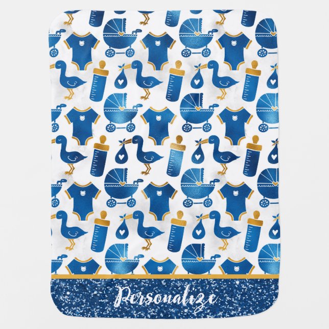 Blue Gold Glitter Nursery Baby Bottle Carriage  Baby Blanket (Front)