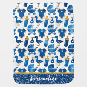 Blue Gold Glitter Nursery Baby Bottle Carriage  Blanket