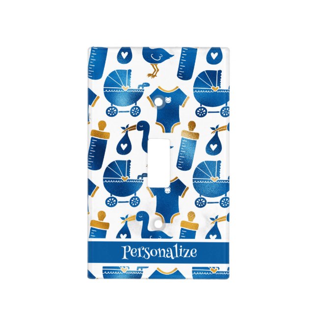Blue Gold Glitter Nursery Baby Bottle Carriage Light Switch Cover (Front)
