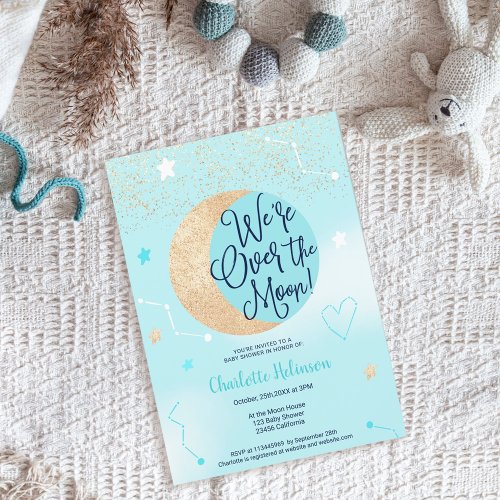 Blue gold glitter over the moon boy baby shower invitation