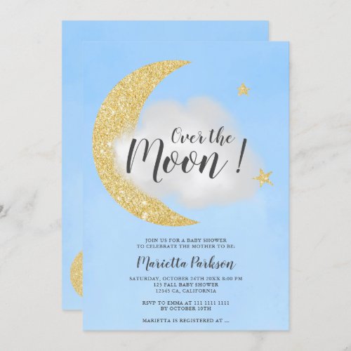 Blue gold glitter over the moon star baby shower invitation