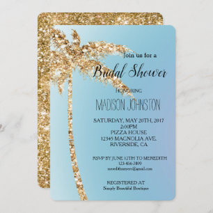 Blue Gold Glitter Palm Tree Bridal Shower Invitation