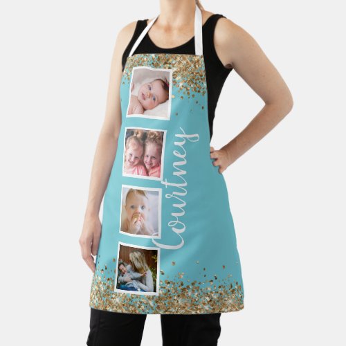 blue gold glitter photo collage custom name apron