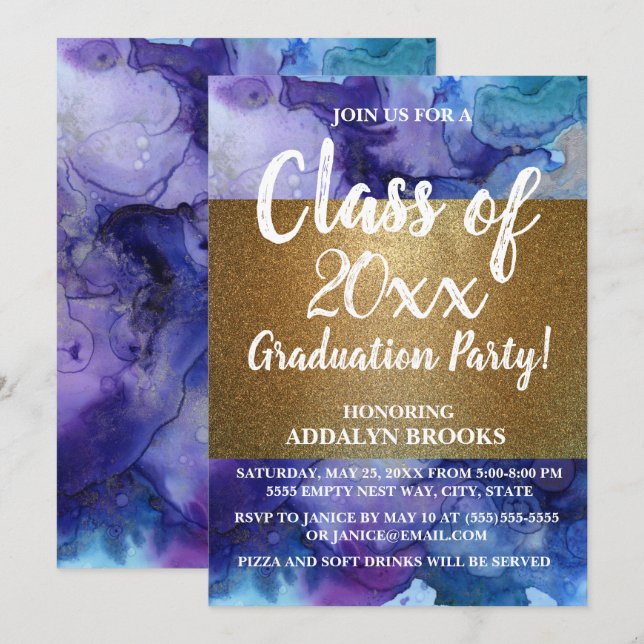 Blue Gold Glitter Photo Grad Party Invitation (Front/Back)