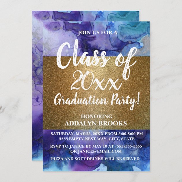 Blue Gold Glitter Photo Grad Party Invitation | Zazzle