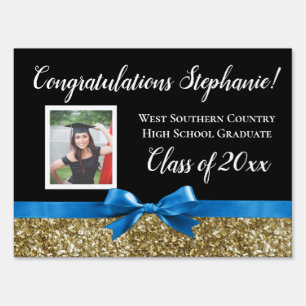 Blue Gold Glitter Photo Graduation Sign