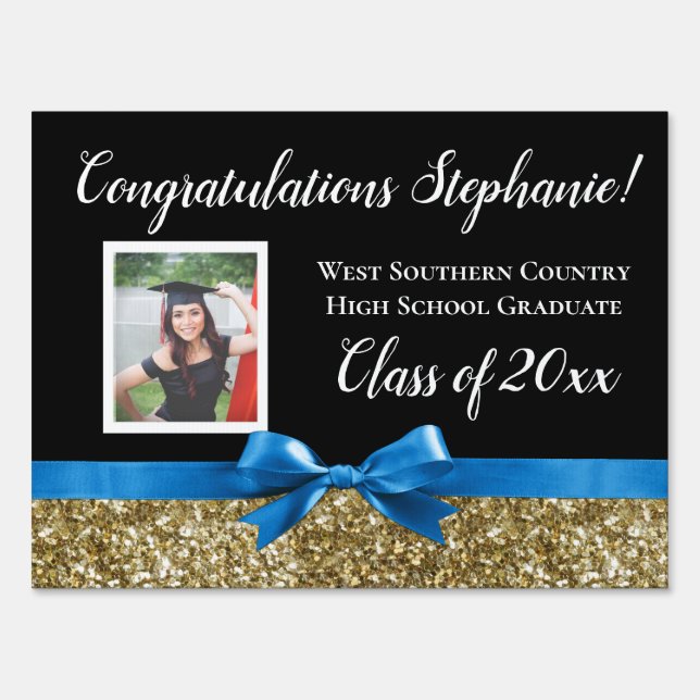 Blue Gold Glitter Photo Graduation Sign (Front)