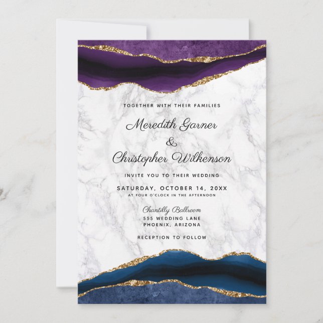 Blue Gold Glitter Purple Agate Wedding Invitation (Front)