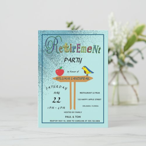 Blue Gold Glitter Rain  Red Apple Happy Retiremen Invitation