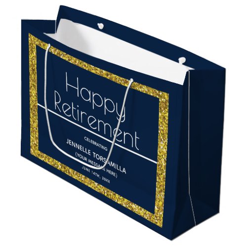 Blue Gold Glitter Retirement Party Large Gift Bag