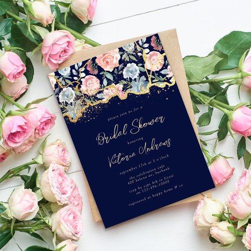 Blue Gold Glitter Rose Floral Bridal Shower Invitation