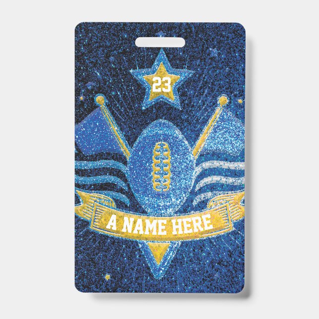 Blue & Gold Glitter School Football Team Sports Badge (Front)
