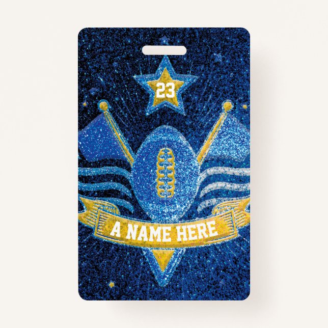 Blue & Gold Glitter School Football Team Sports Badge (Front)