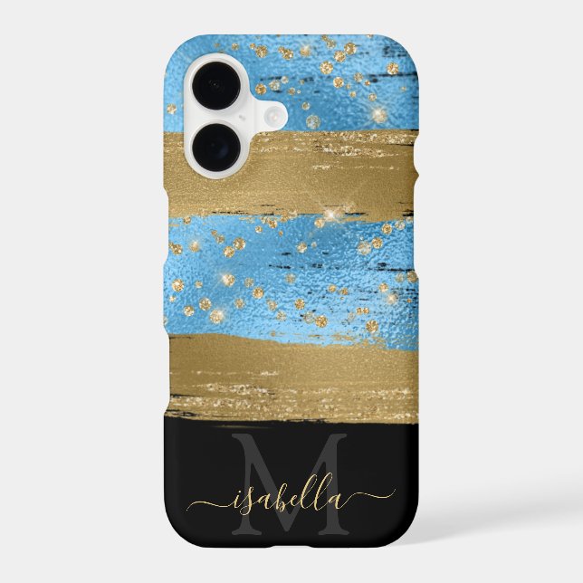 Blue Gold Glitter Script Monogrammed Iphone Case (Back)