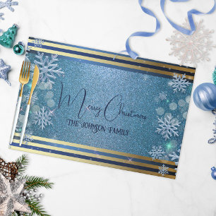 Blue Gold Glitter Snowflake Christmas Placemat