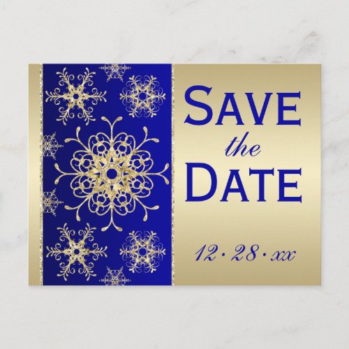 Blue Gold Glitter Snowflakes Save Date Postcard
