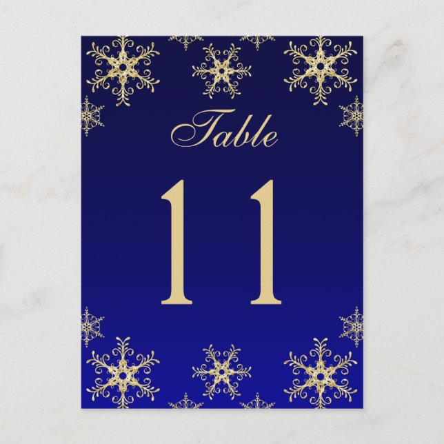 Blue, Gold Glitter Snowflakes Table Number Card (Front)