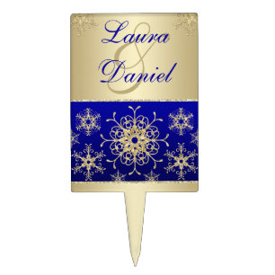 Blue, Gold Glitter Snowflakes Wedding Cake Pick
