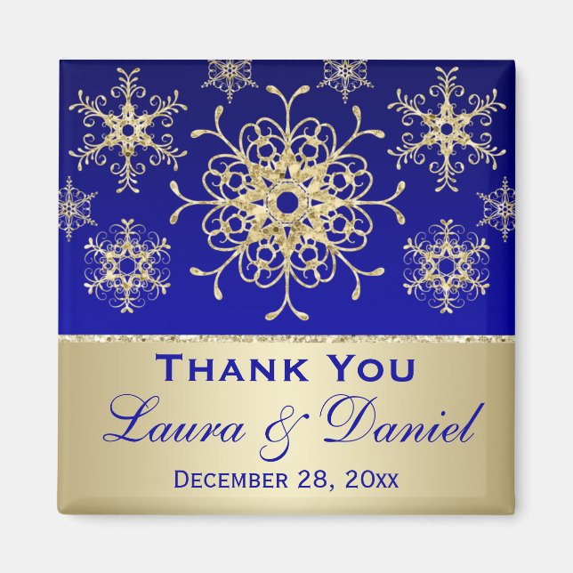 Blue, Gold Glitter Snowflakes Wedding Favor Magnet (Front)