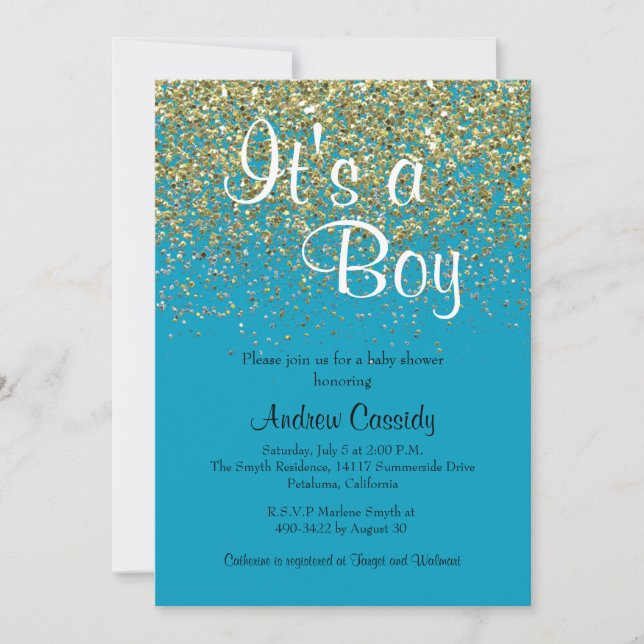 Blue & Gold Glitter Sprinkle Baby Shower Invite (Front)