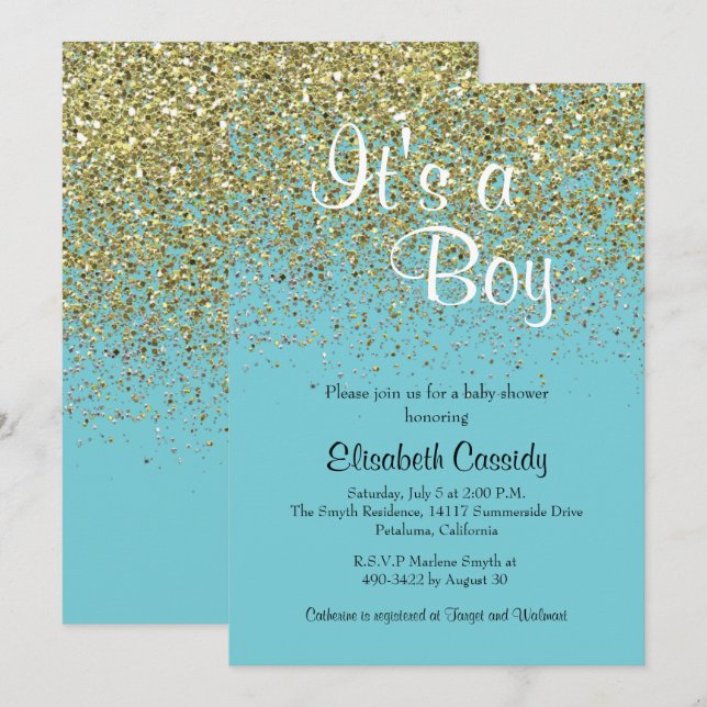 Blue & Gold Glitter Sprinkle Baby Shower Invite (Front/Back)