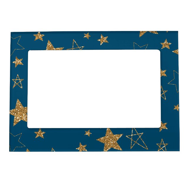 Blue Gold Glitter Stars Magnetic Frame (Front)