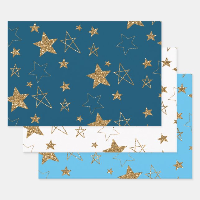 Blue Gold Glitter Stars Wrapping Paper Sheets (Set)