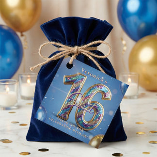 Blue Gold Glitter Sweet 16 Birthday Thank You Favor Tags