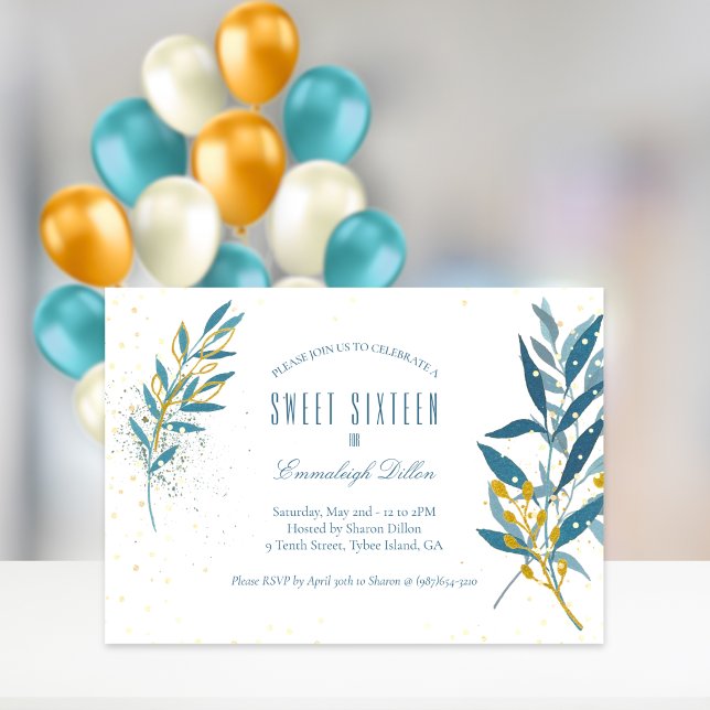 Blue Gold Glitter Sweet Sixteen Birthday Party Invitation