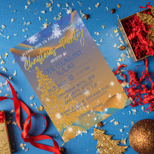 Blue Gold Glitter Tree Corporate Holiday Party Invitation