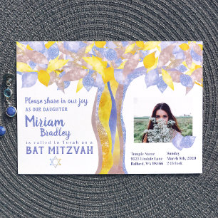 Blue & Gold Glitter Tree of Life Bat Mitzvah Invitation
