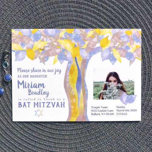 Blue  Gold Glitter Tree of Life Bat Mitzvah Invitation