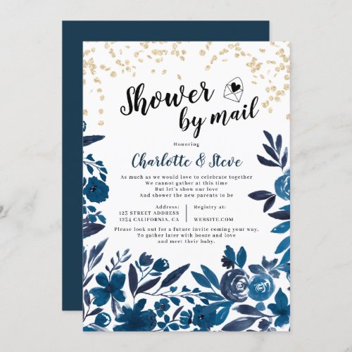 Blue gold glitter watercolor baby shower by mail invitation