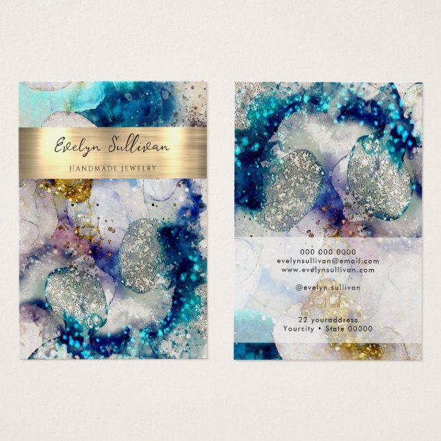 Blue gold glitter watercolor jewelry display card (Front & Back)