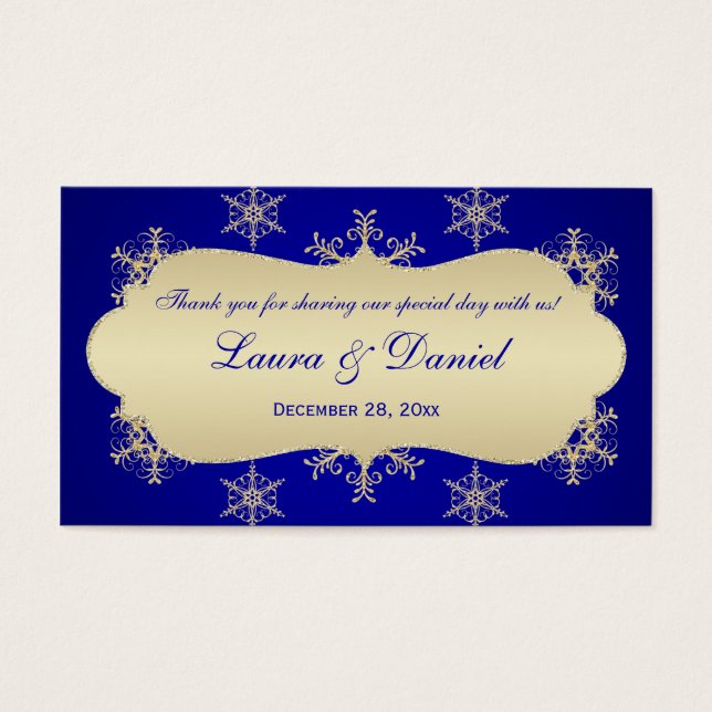 Blue, Gold Glittery Snowflakes Wedding Favor Tag (Front)