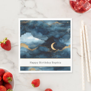 Blue Gold Glitzy Stars Sky Birthday Napkins
