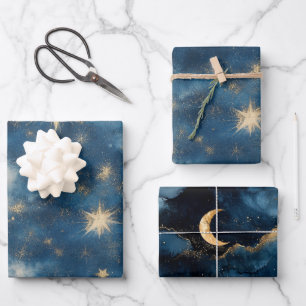Blue Gold Glitzy Stars Sky Moon Birthday Wrapping Paper Sheets
