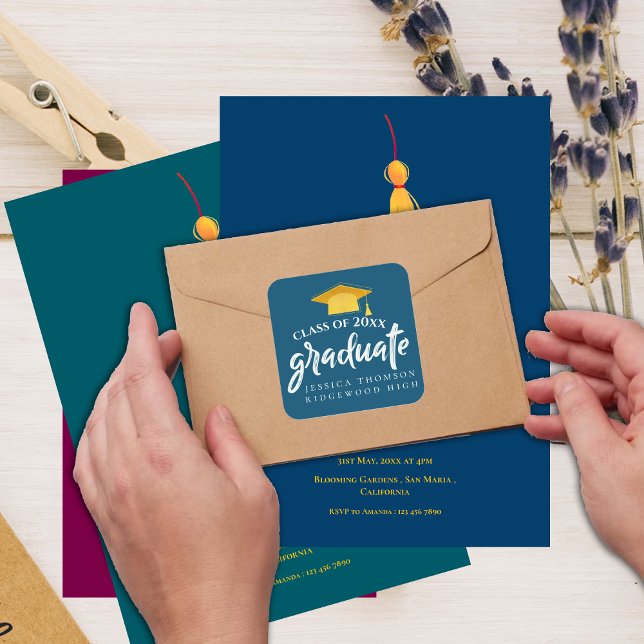 Blue Gold Grad Hat Class of 2026 Graduation Square Sticker (Beautiful Blue Gold Grad Hat 2025 Graduation Square Sticker)