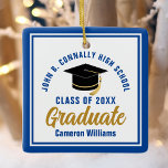Blue Gold Graduate 2025 Personalized Christmas Ceramic Ornament<br><div class="desc">This modern blue and gold custom graduate Christmas ornament feature classy typography of your university or college name for the class of 2025. Customize with your graduating year next to the chic handwritten script and black grad cap for a great personalized congratulations graduation gift.</div>