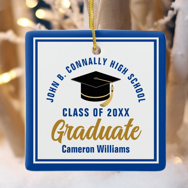 Blue Gold Graduate 2026 Personalized Christmas Ceramic Ornament (Creator Uploaded)