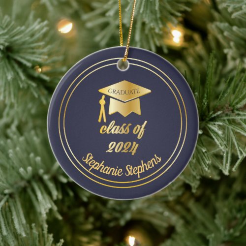 Blue Gold Graduate Cap Graduation 2024 Photo Ceramic Ornament