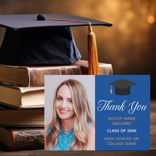 Blue Gold Graduate Classic 2026 Graduation Photo Thank You Card (Creator Uploaded)