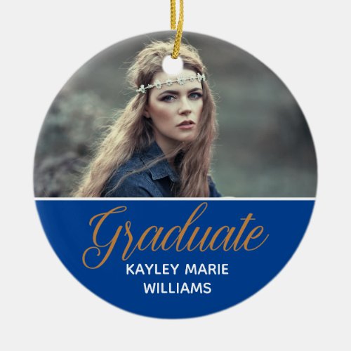 Blue Gold Graduate Photo 2024 Graduation Keepsake Ceramic Ornament