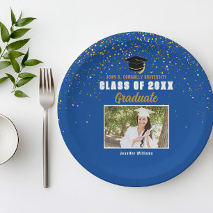 Blue Gold Graduate Photo Custom Graduation Party Paper Plates