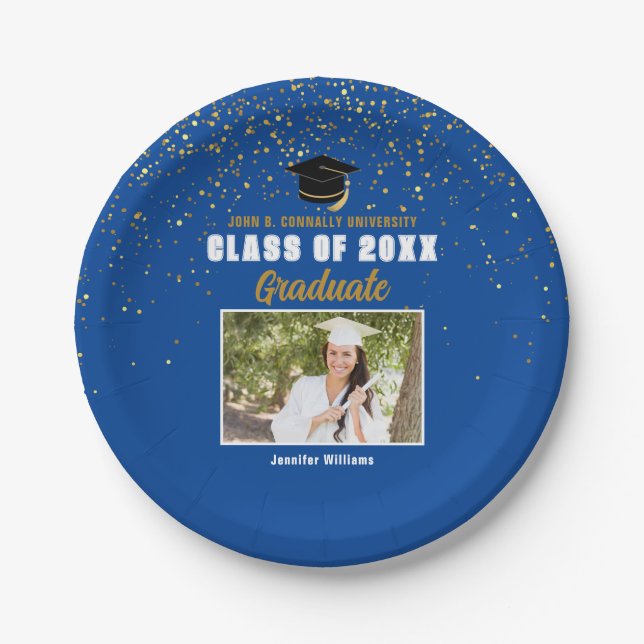 Blue Gold Graduate Photo Custom Graduation Party Paper Plates (Front)