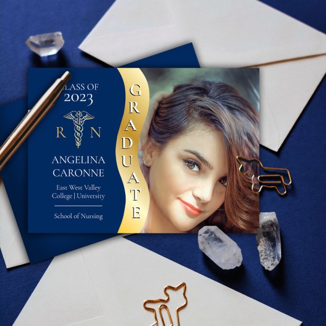 Blue | Gold Graduate Wave Caduceus RN Nursing Grad Announcement (Creator Uploaded)