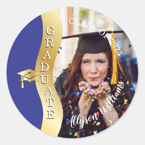 Blue  Gold Graduate Wave Grad Cap Photo Classic Round Sticker