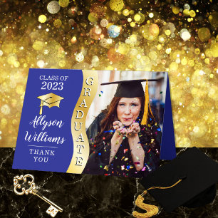 Blue   Gold Graduate Wave   Grad Cap Photo Letterpress Thank You Card