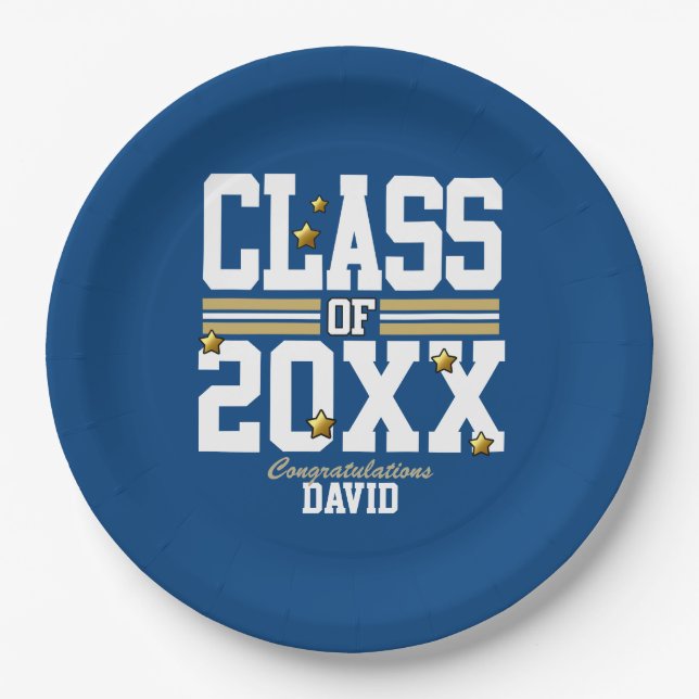 Blue|Gold Graduating Class Year Paper Plates (Front)